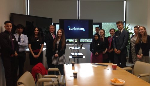 Surfachem staff with students in Surfachem’s Innovation Centre after an employment talk